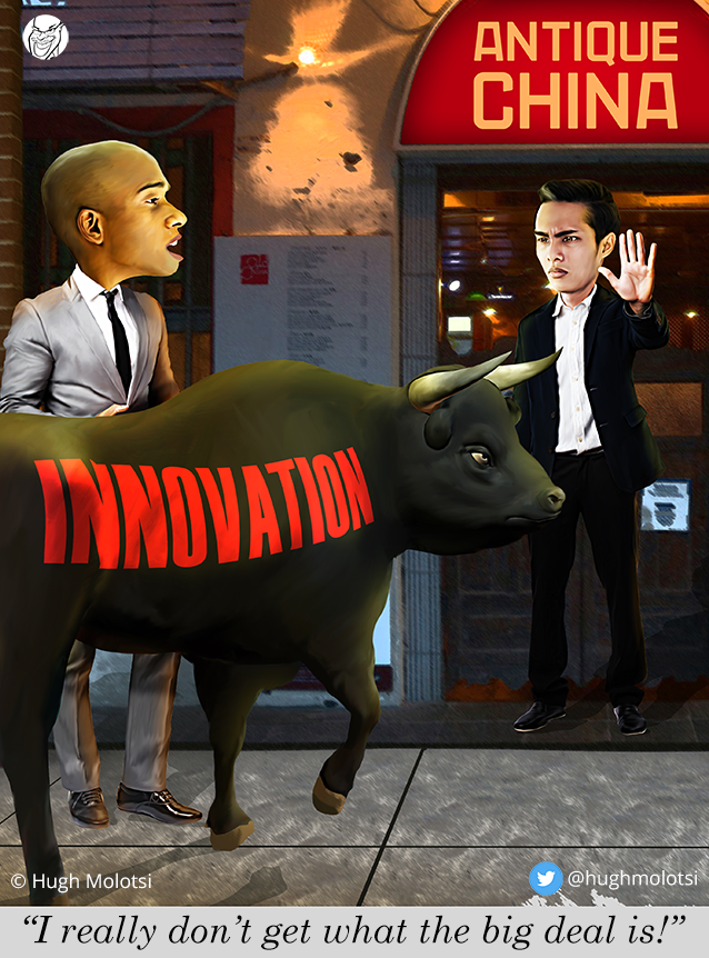Illustration of a bull in a china shop
